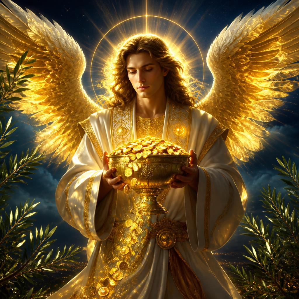 Archangel of abundance holding a chalice of gold coins